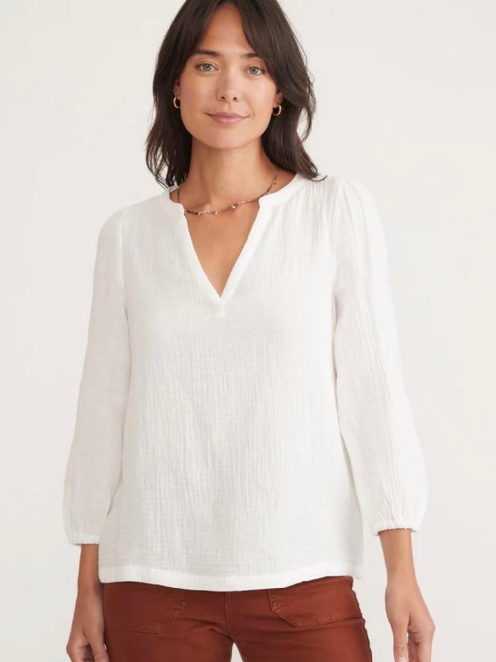 Marine Layer White Split-Neck Button Down Blouse